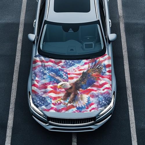 Image of Colorful American Flag Eagle Car Hood Cover Stretch Polyester Car Hood Cover Removable Automotive Accessories Suitable Most Automotive Sedans Trucks Pickup Sports Cars