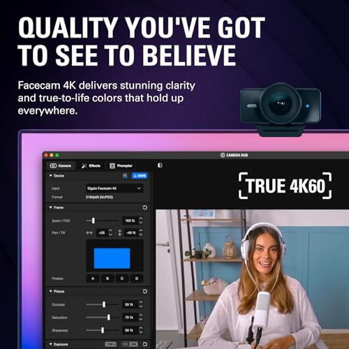 Image of Elgato Facecam 4K, 4K60 Studio Webcam, DSLR-Like Control | Sony STARVIS 2 sensor, 49mm lens filter support, Uncompressed video, HDR support, Eco-friendly build, USB-C