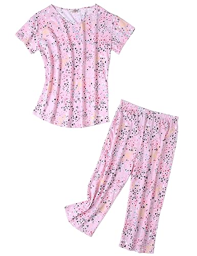 Image of ENJOYNIGHT Womens Pajama Sets Cotton Pj Set Short Sleeve Top With Capri Pants Sleepwear 2 Piece Lounge Set