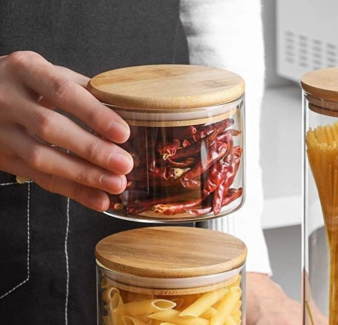 500 ML Airtight clear glass storage canister with wood lid food storage container jar with sealing bamboo lid for kitchen storage and multipurpose use (6)