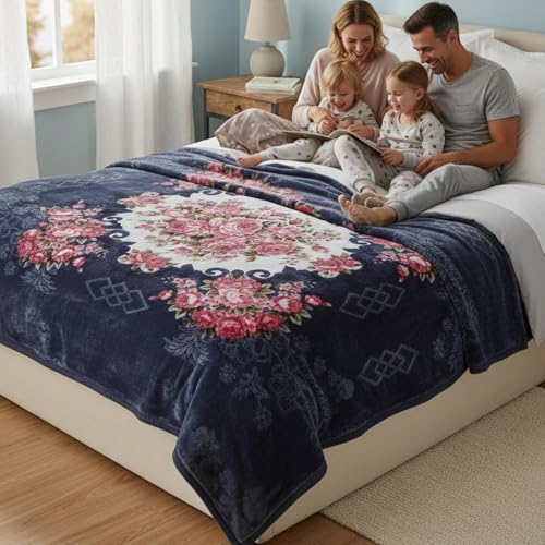 Image of Luxurious Heavyweight Microfiber Korean-Style Plush Blanket, Floral Velvet, 240x220 cm, Winter Comfort, Single Layer (Dark Blue Multicolor, Double)