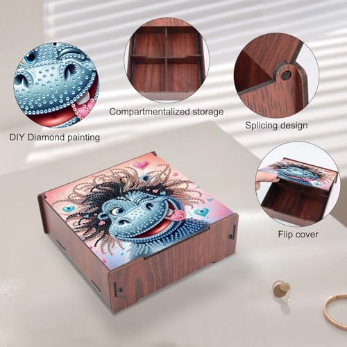 Image of DIY Diamond Painting Storage Box, Hippo Design Wooden Diamond Art Organizer with Flip-Top Lid and 4 Divided Compartments, Desktop Craft and Jewelry Storage Basket for Jewelry, Art and Craft Storage