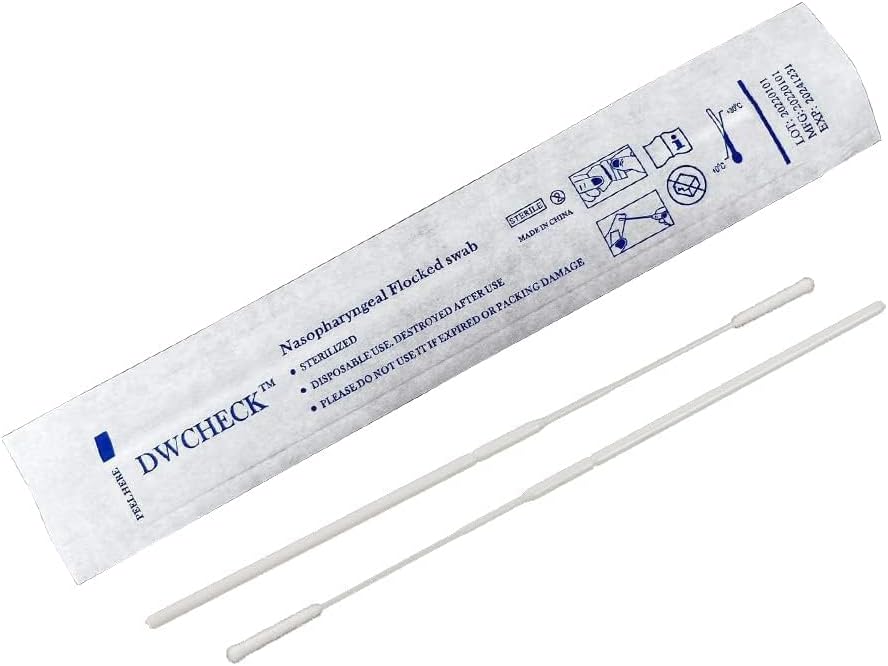 50 Pack Nasopharyngeal Collection Flocked Nasal Swab,Nasal Swabs Sterile Individually Wrapped, 80mm Break Point, Nylon Flocked Tip