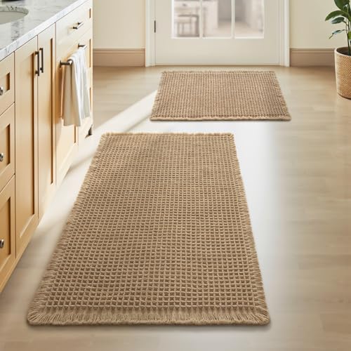 Upgraded Waffle Bath Mat Set of 2, Super Absorbent Non Slip Bath Mats for Bathroom Floor, Machine Washable Boho Bathroom Rugs Set 2 Piece with Tassels, Soft Bathroom Mat Set, 17" x 24" +18" x 30"