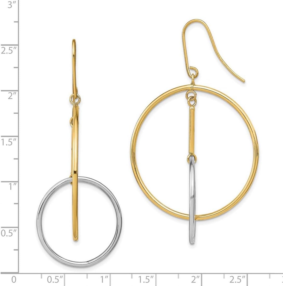 14k Solid Gold Two-tone Double Circle and Bar Long Drop Dangle Earrings 61.3x35.4mm Wide Dangle Earring for Women - Image 2