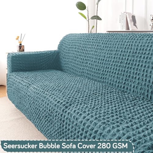 Image of HOKIPO 'Aria Nova' Elastic 280 GSM Stretchable 3 Seater Bubble Sofa Cover, Tropical Teal (NEW-AR-6210-TL)