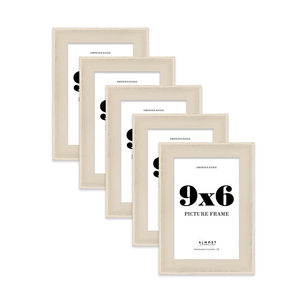 9x6" Cream Picture Frame - Rustic Wood Industrial Effect Photo Frame for Wall Display, Ideal for Posters, Prints & Home Décor, Wall Hooks and Kickstand, 32mm Edge - 5 Pack