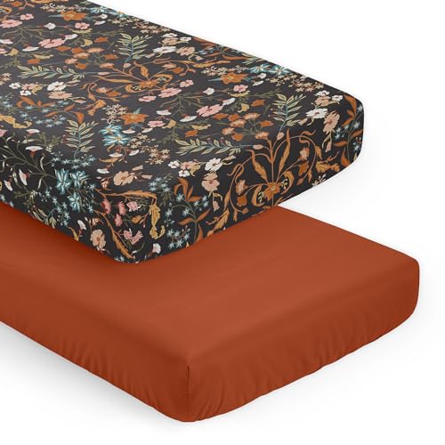 Sweet Jojo Designs 2P-CS-WILDFLORAL-BK Boho Wildflower Vintage Floral Girl Baby Fitted Crib Sheet Set Newborn Nursery Toddler Bed Standard Mattress 2P Solid Rust Orange And Black Teal Bohemian Farmhouse Leaf Cottagecore cover