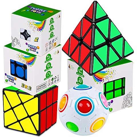Easehome Speed Puzzle Cube Set Pyraminx + 2x2x2 + 3x3x3 + 4x4x4 + Magic Rainbow Ball + Fenghuolun 6 Pack Magic Cubes Toy with PVC Stickers for Kids and Adults Cover