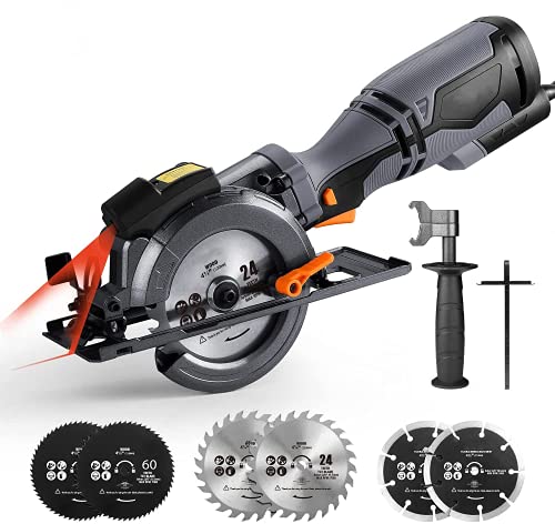Circular Saw, 5.8A 3500RPM, Metal Handle, 6 Blades (4-3/4´´ & 4-1/2”), Laser, Cutting Depth 90° (1-11/16''), 45° (1-3/8''), Ideal Mini Circular Saw for Wood, Soft Metal, Plastic (Black)