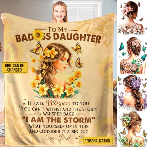 To My Daughter Blanket from Dad and Mom, Personalized Floral Butterfly Girl Fleece Soft Throw Blanket, Christmas Birthday Gifts