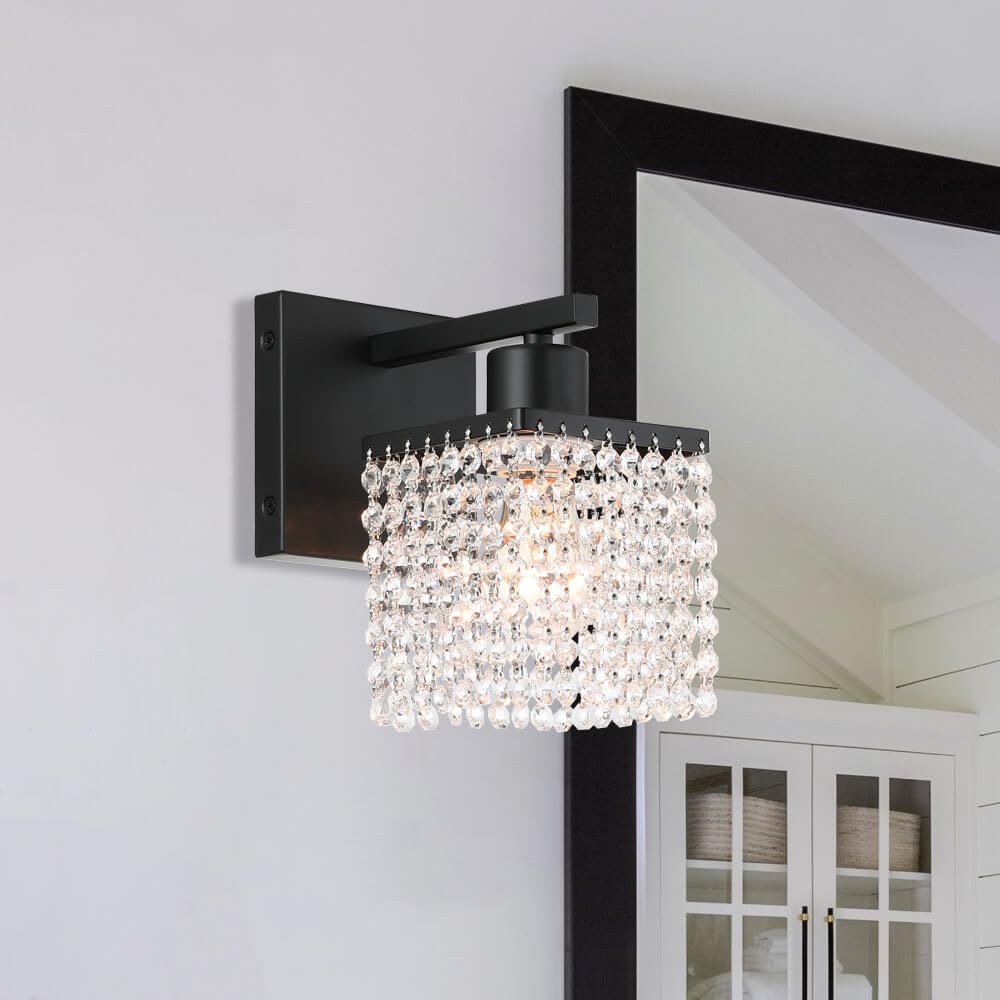 XiNBEi Lighting Crystal Wall Sconce, Modern Bathroom Sconce Light with K9 Clear Crystal Strands Shade Single Black Sconces Wall Lighting for Bath Bedroom Living Room XB-W327-1-MB