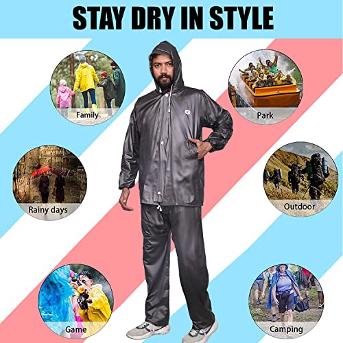 Image of Allextreme PVC Waterproof Raincoat for Men with Hood & Pants Set | Full Body Rain Suit with Adjustable Drawstring Hood & Carry Pouch | Rainwear for Bike Riding, Travel & Outdoor Use (Wood Grey, XXL)