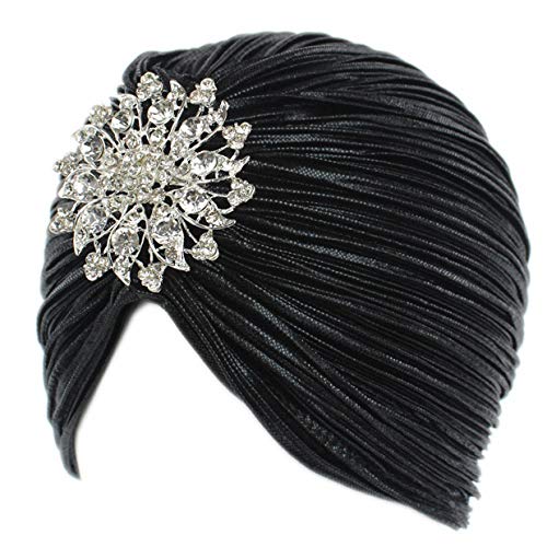 EORUBEVintage Turban Hat with Crystal Brooch Feather Turban Headwraps for 1920s Gatsby Costume Cocktail Party (Brooch Style 1 - Black)