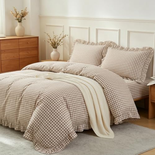 Image of Nayoroom Gingham Duvet Cover Queen Size Tan Brown Ruffle Plaid Checkered Duvet Cover 3 Pieces Soft Washed Microfiber Vintage Farmhouse Dorm Bedding Set Gifts for Women Men
