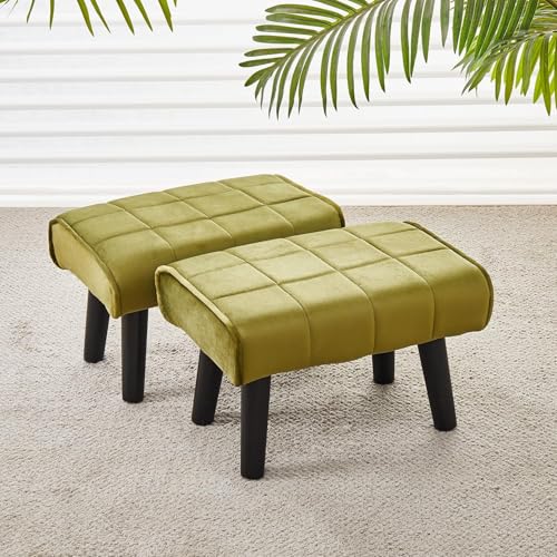 ObalTure Small Footstool Velvet Ottoman Foot Rest with Padded Seat Curved Foot Stool Set of 2 with Wooden Legs Portable Seating Stool for Living Room Bedroom Entryway Green