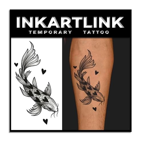 INKARTLINK Temporary Tattoo, Koi Fish & Hearts, 2 Sheets