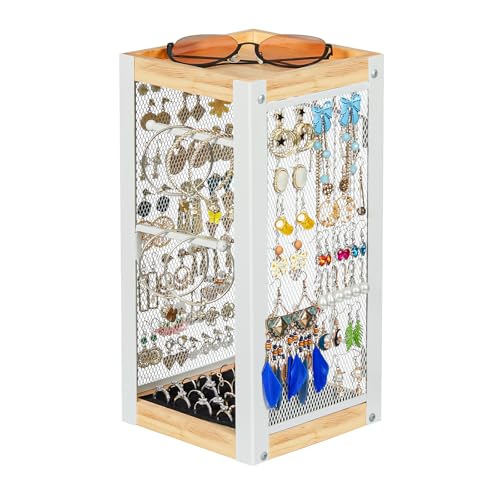 keomaisyto Earring Holder Organizer, 360 Rotating Jewelry Holder with Ring Tray/Necklace/Bracelet/Ring Hooks, White Earring stand with 4 Sides and 2 Wooden Trays for Jewelry Display (Upgraded)