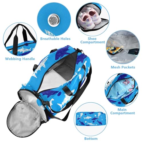 Sharks Fish Blue Kids Travel Duffel Bag for Boys Girls Overnight Weekend Tote Bag with Shoes Compartment for Beach Swim Trip4