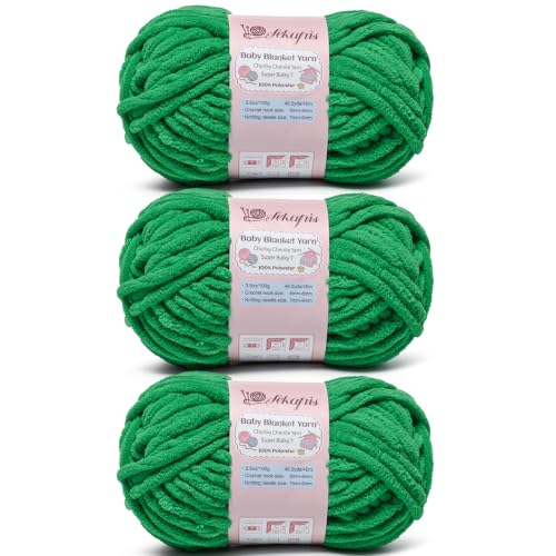 Image of 10.58 oz /147.6 yds Chunky Chenille Yarn for Crocheting, #7 Super Bulky Baby Blanket Yarn for Crocheting Soft, Fluffy Velvet Yarn for Knitting, Amigurumi Crochet Yarn for Crafts (3 Fruit Green)
