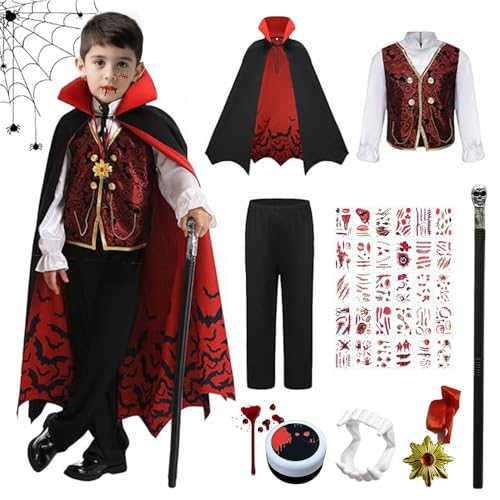 RURIZHONGTIAN Vampier Kinderkostüme Jungen, Vampir Kostüm Kinder, Halloween Kostüm Kinder Vampir, mit Umhang Schwarz, Zepter,...