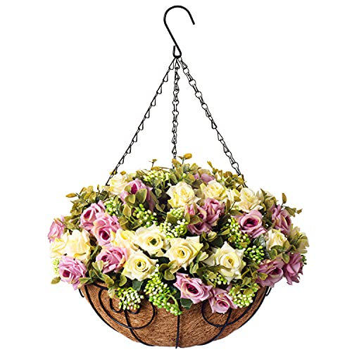 Homsunny Hanging Flowers Basket, Artificial Rose Flowers In Coconut Lining Hanging Baskets For The Decoration Of Courtyard, Outdoors, And Indoors (Purple, White) #TOP5