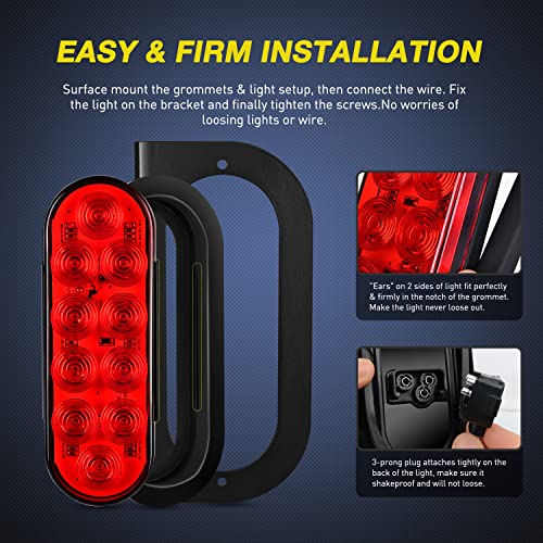 Image of Nilight 6Inch Oval Trailer Tail Light with Flush Mount Grommets Plugs w /Mounting Brackets 2PCS Red Waterproof Stop Brake Turn Lights for RV Truck