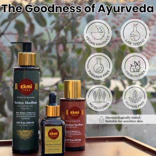 Image of Ekmiveda Hair Growth Set with Ayurvedic herbs- Amla, Bhringraj, Castor Oil, Rosemary for hair growth. Sulfate free hair thickening products for women, men. 3 pcs - Oil, Shampoo & Serum, 8.45 fl oz