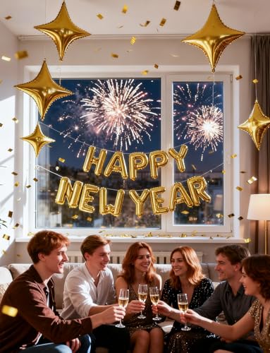 Image of Gold Happy New Year Balloons Set, 16 Inch Gold Foil Letter Balloons with Star Balloon, 2026 New Year Eve Party Decorations, Festive Celebration Supplies for Countdown, Home, Bar & Photo Booth Decor
