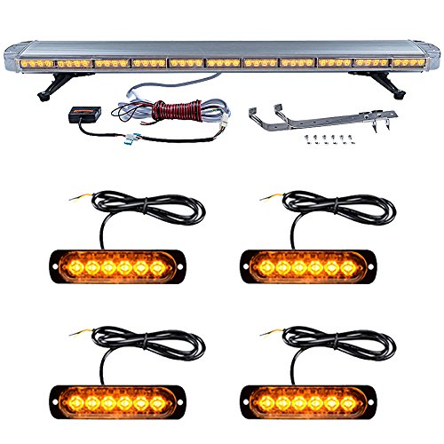 Astra Depot 51 inch Amber 96 LED Emergency Warning Beacon Strobe Light Bar + 4pcs Super Slim 6-LED Hazard Flashing Lamp Car Tow Truck Response Plow
