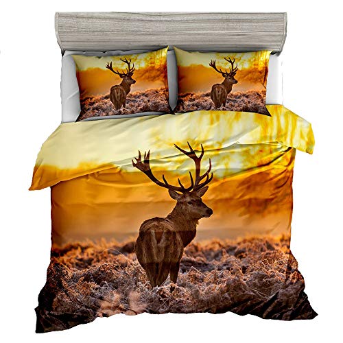 Vichonne Antler Bedding Sets Twin Size,3 Piece Peachful Sunset Wildlife Deer Duvet Cover Sets with Pillowcases for Teens Boys Girls Bedroom,No Comforter