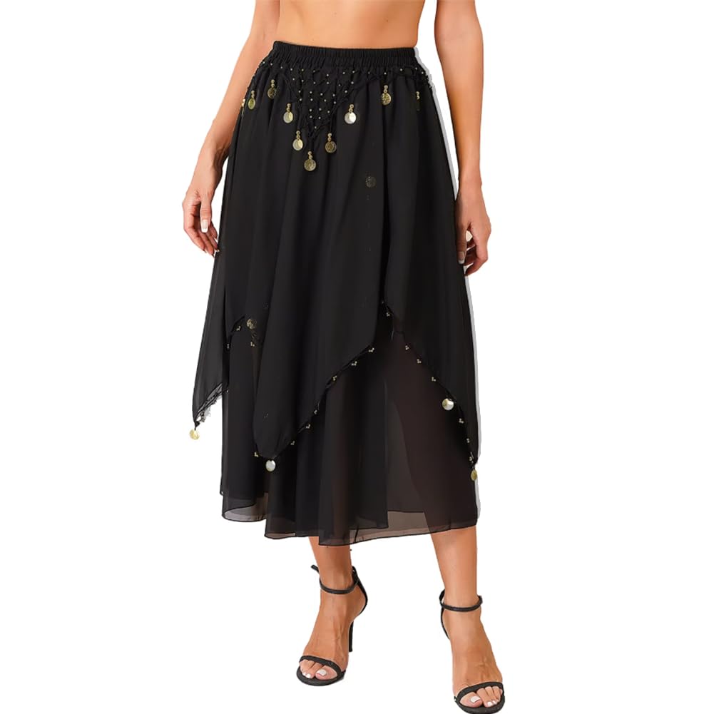 Leemiman Women's Black Belly Dance Chiffon Skirt With Coins