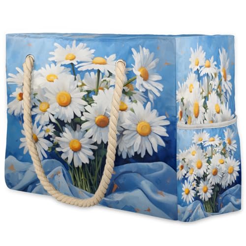 Daisies Pattern Large Beach Bag Waterproof Beach Bag for Women Oversized Sandproof Beach Tote Bag with Zipper for Gym Travel Daily Pool Bag Big Tote