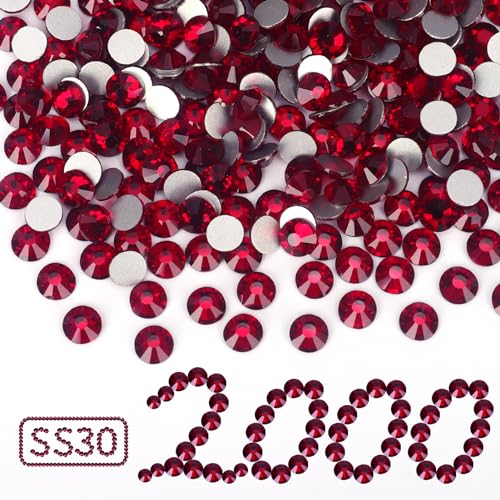 Image of 2000PCS Dark Red Rhinestones Bulk, Flat Back Crystal Glass Stone Round Gems,SS30, 6.4-6.6mm