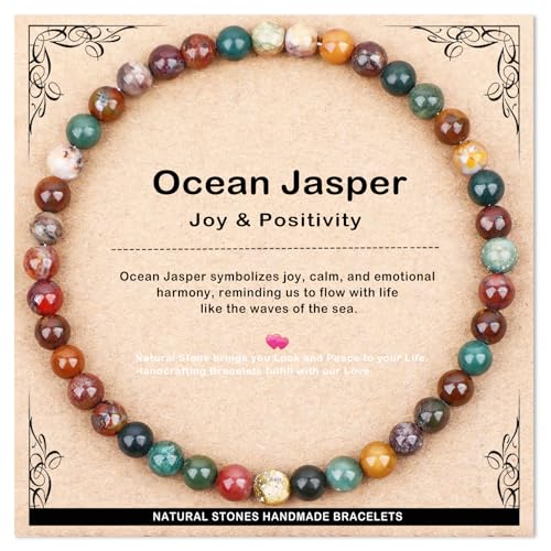 AD Beads 4mm Handmade Ocean Jasper Elastic Bracelet Natural Gemstone for Joy & Positivity Meditation Yoga Healing and Energy Gift for Men Women