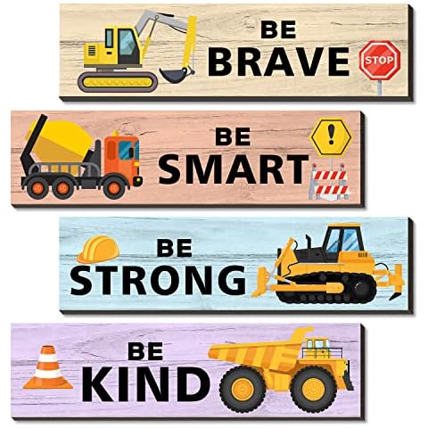 SHLINCO 4 Pieces Construction Trucks Decor Wooden Hanging Wall Plaques, Wall Art Inspirational Quotes, Construction Trucks Theme Room Wall Decor, Perfect for boy Kids Bedroom Playroom Decoration Cover