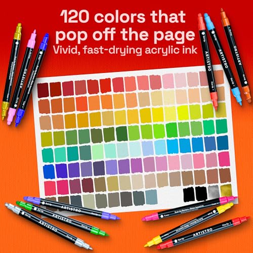 Image of ARTISTRO 120 Precision Dual-Tip Acrylic Paint Markers - Paint Pens Set with Dot & Fine Tips for Fabric, Rock, Glass, Wood, Coloring Books - Arts & Crafts Gift - Classroom Must Haves & School Supplies