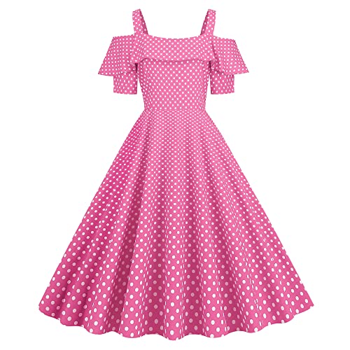 Wellwits Femme Demoiselle d'honneur à Volants Pois Années 50 Vintage Robe Rose S