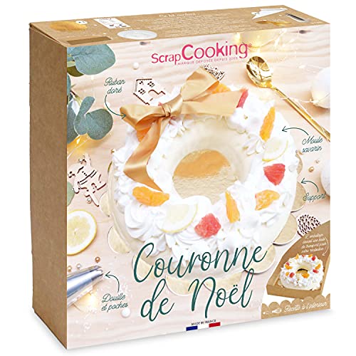 SCRAP COOKING - Kit Couronne de Noël - Dessert Bûche de Noël Original & Tendance - Avec Moule Savarin, Support à Gâteau, Poches à Douille, Recette - Pâtisserie Décoration - Fabriqué en France - 1935