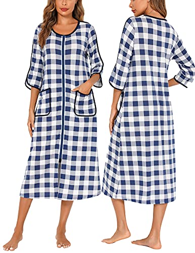 Image of Veseacky Women Robe Zipper Front House Coat 3 /4 Sleeve Nightgown Full Length Ladies Lounge Dress with Pockets S-XXL