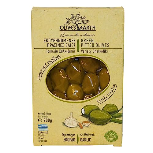 Olive's Earth Azeitonas verdes sem osso e enchimento de alho, variedade calcídica, pack de 4 x 200 g (total de 800 g), veganas e sem conservantes