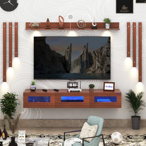 Image of Anikaa RayzaNote Engineered Wood Wall Mount TV Unit Acrylic Blue LED Storage Box, Side Wooden Accent Spot Light I Deal for Up to 50 Inch TV Walnut - DIY Installation