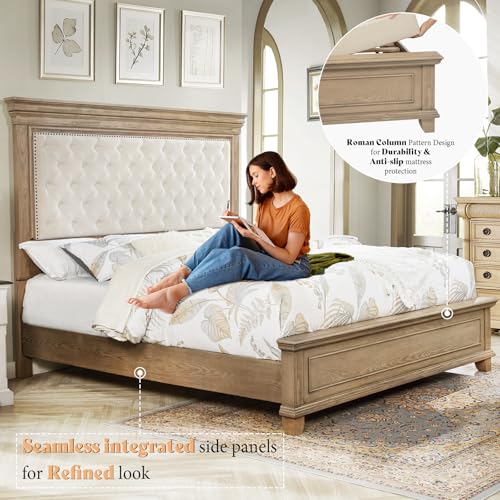 King Size Pine Wood Bedframe with Upholstered Headboard, Solid Wood with Mid-Century Design, No Box Spring Needed - Light Oak - By AMERLIFE