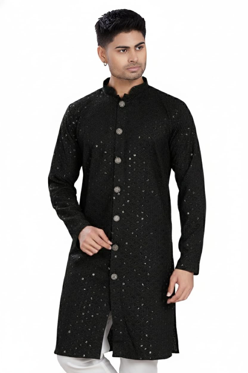 divisive Men's Sequince Embroidered Cotton Blend Semi Indo Western Only Kurta-picture-19