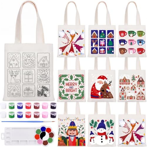 16 Pcs Christmas Color Your Own Bag Tote Bag Painting, Christmas | Christmas Color Your Own Bag, Mini Canvas Tote Bag for Painting, 7.9'' x 8.6'' Doodle DIY Craft Gift Reusable Cotton Bulk
