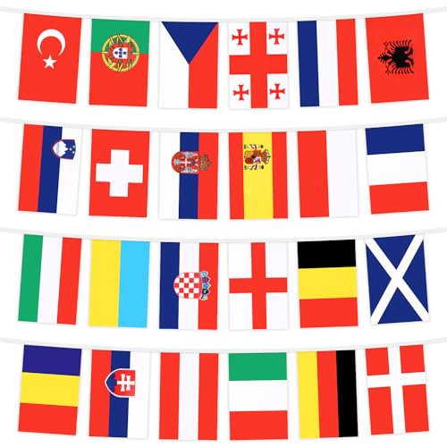 DERAYEE 24 Länder Fahnen Wimpelkette,Olympische Spiele Flaggenkette für Europameisterschaft Garten,Restaurant und Party(8m)