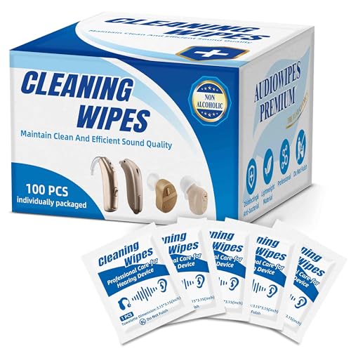 100 Count Hearing Aids Cleaning Wipes Individually Packaged Hearing Aid Audio Wipe Cleaning Towelette Tool Kit Supplies Hearing Aid Accessories Suitable for Hearing Amplifier Earmold Earbuds Earwax
