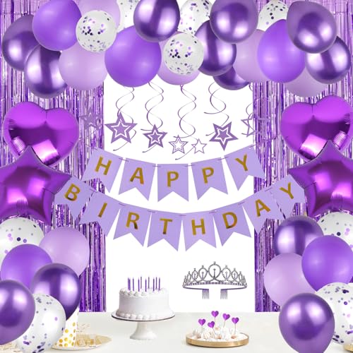 Image of Purple Happy Birthday Decorations Kit, Purple Confetti Balloons Birthday Party Supplies for Women Girls Boys, Happy Birthday Banner, Hanging Star Cutouts, Fringe Curtains, Cupcake Toppers, Crown