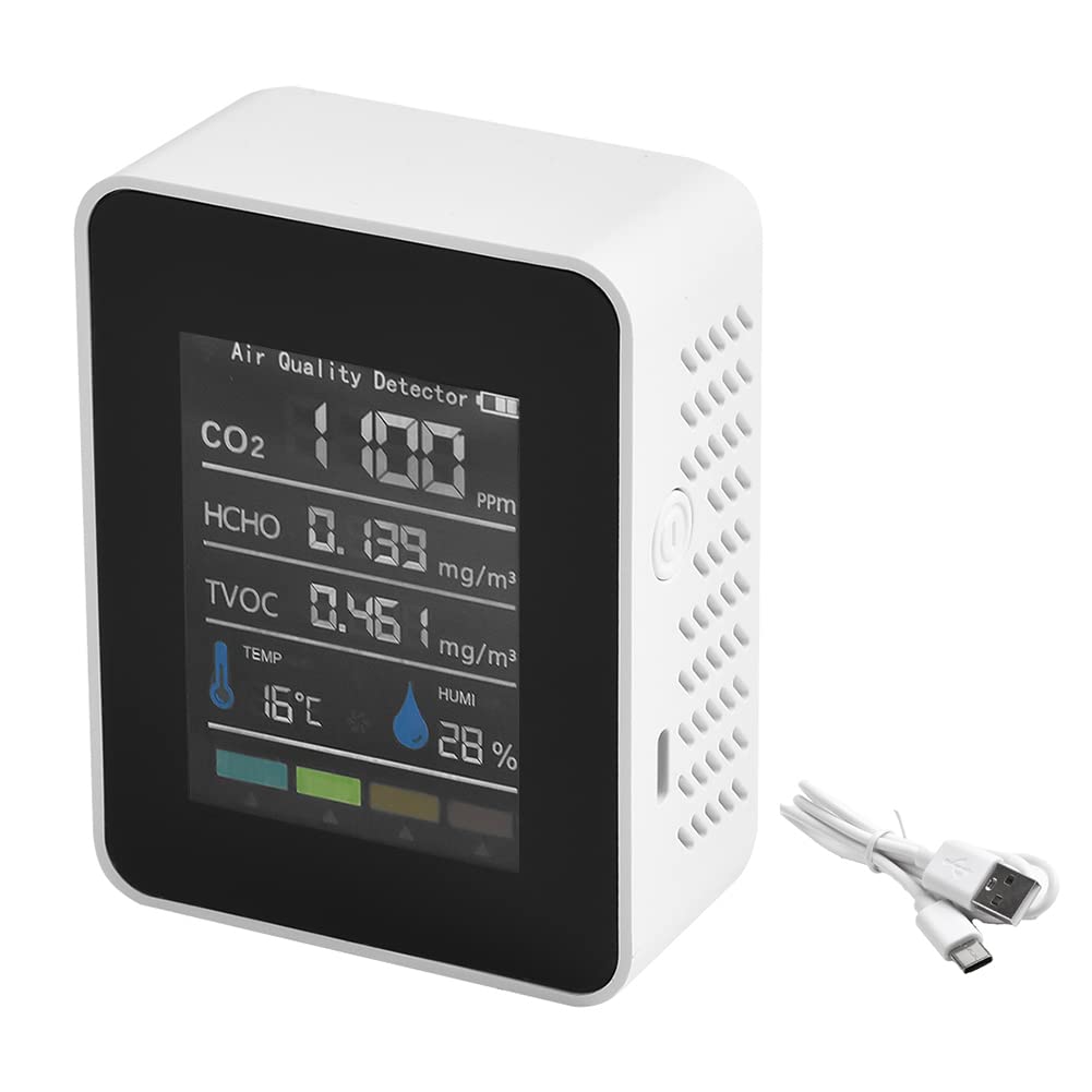 Moniteur de qualité de l'air intérieur 5 en 1 HCHO TVOC Testeur de température et d'humidité Écran LCD coloré Blanc pour Maison Bureau Moniteur d'humidité Temp,testeur de qualité de l'air
