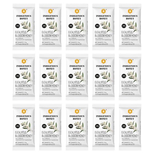 Image of INDIGENOUS HONEY Organic Eucalyptus Honey Natural Raw Pure Unprocessed Added Sugar Free NMR Tested Unpasteurized Unheated 15 Travel Sachets 15g Each Total 225g